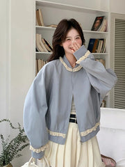 Hnewly Lace Patchwork Sweet Jacket Women Loose Vintage Preppy Style Cute Coat Female Long Sleeve Korean Retro O Neck Tops Outwear