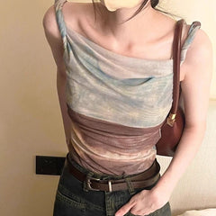Hnewly Fashion Vintage Halo Dyeing Vest for Women Y2k E-Girl Mesh Irregular Camisole Tops Summer New Off Shoulder Tank Top