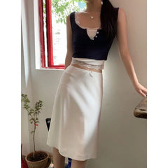 Hnewly Elegant White Women Satin Skirt Fairycore Ruffle Mid Skirts Coquette A-line Basic Casual Korean Style Summer Silk Skirt