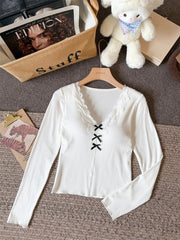 Hnewly Bow Front Rib Knit Top with Lace Trim Chest Pad V-neck Long Sleeve Fitted Shirt Pullovers Sweater Women Teen-girl Y2K Coquette
