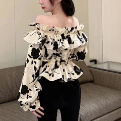 Hnewly Blouses Women New Arrival Spring French Style Slash Neck Ruffles Floral All-match Ladies Sexy Sweet Ins College Skinny Clothing