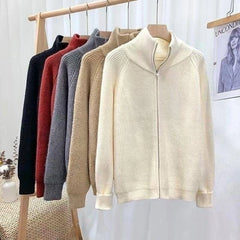 Hnewly Rib Knit Zip Up Cardigan for Women Zipper Front Raglan Long Sleeve Sweater Jacket Coat Comfy Knitwear Fall Winter Vintage Outfit