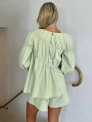 Hnewly Pleated Solid Women Top Set Wide Leg High Waist Lady Short Sets Casual Summer Lantern Sleeve O-neck Ruffles Lady Shirt Suit