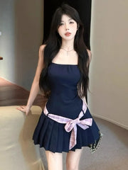 Hnewly Woman Dress Bow Sexy Sweet Sleeveless Slash Neck Slim Backless Bow Bandage Elegant Mini Dresses Party Female Casual