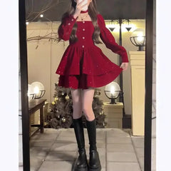 Hnewly Christmas Red Dress Female Hepburn Style Temperament Long Sleeved Slim Velvet French Dress Autumn Winter Sweet Holiday Outfit