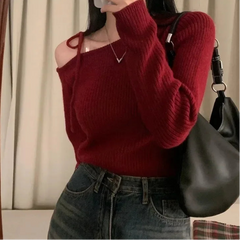 Hnewly Slanted Collar Tied Irregular Pullover Women's Long Sleeved Knitted Tops Autumn Winter Korean Fashion Red Retro Sweaters