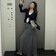 Hnewly Vintage Plaid Skirt Women Korean Style Y2k Mesh Long Skirts Elegant Sweet Harajuku Retro Fashion Skirts Streetwear