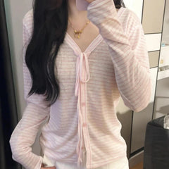 Hnewly Summer Sun-proof Striped Cardigan Coat Fashion Casual Long Sleeve Slim 2-piece Set Women's Design Sweet Hollow Out Sling Outfits