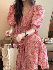 Hnewly Puff Sleeve Aesthetic Dresses for Women Summer Floral Printing Draped V-neck Harajuku Korean Style Spliced Sweet Girlish Retro