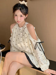 Hnewly Sweet Off Shoulder Shirt Women Long Sleeve Bow Print Loose Blouse Korean Fashion Hollow Out Elegant Female Chic Spring Tops