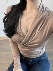 Hnewly V-neck WOMENGAGA Thin Long Sleeve Wine Red Cross Short Top Autumn Slim High Waist Sexy Base T Shirt Undershirts tees Women W9SJ