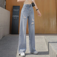 Hnewly Korean Solid High Waist Ripped Women Jeans Fashion Casual Straight Ladies Denim Pants All Match New Pockets Female Pants