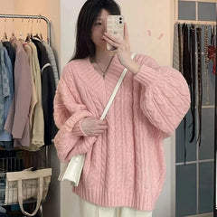 Hnewly Autumn Winter Women Sweater Harajuku Oversized Knitted Pullovers Korean Long Sleeve V Neck Knitwear Preppy Solid Loose Jumper