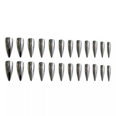 Hnewly 24pcs Punk Metal Fake Nails Press On Finished Long Pointed Silver Mirror y2k Nail Tips Full Cover Stiletto False Nails For Girl