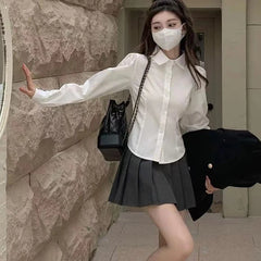 Hnewly Women's White Shirt Korean Preppy Style Long Sleeve Turndown Collar Blouse School Girl Uniform Student Slim Shirts