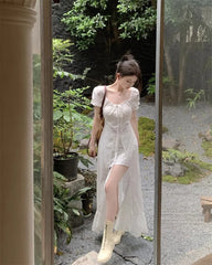 Hnewly Korean Fashion Womens White Long Dresses Puff Sleeves Summer Elegant Party Dresses 2024 Casual Slim Female Sexy Dresses