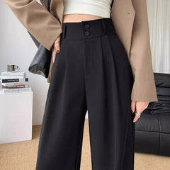 Hnewly Elegant Wide Leg Pants Women Korean Style High Waist Black Baggy Pants Office Ladies Fashion Loose Suit Trousers Streetwear