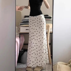 Hnewly Bow Print Lace Patchwork Mermaid Skirt Women Elegant Summer Elastic Waist Midi Skirts Lady Vacation Beige Long Skirt Female