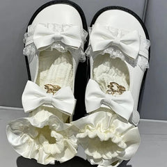 Hnewly Lolita Kawaii Mary Janes Shoes Women Japanese Style Bow Design Sweet Flat Shoes Ladies Pure Color Lace Chic Sandals Autumn