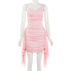 Hnewly Streetwear Gauze Irregular Ruffled Slip Dress Y2k Aesthetic Bodycon Pleated Mini Vestidos Harajuku Vintage Grunge Woman Dresses