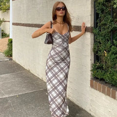 Hnewly Vintage Plaid Print V Neck Midi Dress Women Summer Sexy Backless Spaghetti Straps Dress Y2K Club Party Slim All Match Vestidos