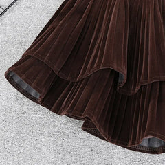 Hnewly Velvet Tiered Mini Skirt for Women Teen-girl Low-Rise Ruffled Pleated Short Skirt in Brown Black Fall Winter Balletcore Outfit