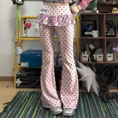 Hnewly Harajuku Kawaii Sweet Star Pants for Women Fake Two Piece Pink Wide Leg Pants Autumn Thin Slim Waist Skirts Pants