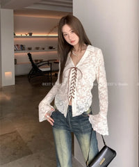 Hnewly Hollow Out Mesh V-neck Lace Up Shirts Women Y2k E-Girl Slim Fit Long Sleeve Blouses Spring New Black Blusas De Mujer