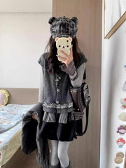 Hnewly ay Knitted Vest Set Women's Long Sve Ruffle Hem Top Tee Piece Set Autumn Winter Faion Japanese Sle Warm High Waist...