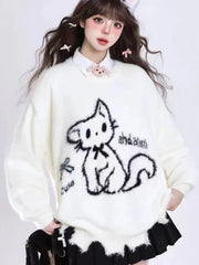 Hnewly Kawaii Hole Sweet Sweaters Women Vintage Faux Mink Cashmere Cartoon Knitted Jumper Preppy Style Cute Japan Lazy Wind Tops