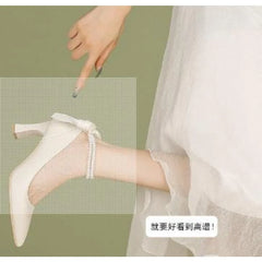 Hnewly Woman Footwear Beige Pearl Wedding Bride Shoe High Heels Pointed Toe Block Heel Shoes for Women Non Slip Fashion Chic High Heels