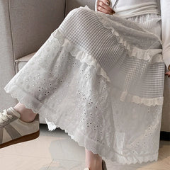 Hnewly New Lace Pleated Skirts for Women Spring Autumn White Hollow High Waist Skirts Woman Elastic Waist A-Line Skirt Mujer
