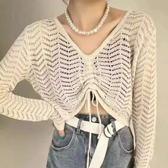 Hnewly Drawstring Pointelle Knitted Top Pullovers Women Sweater Cover Up Top Hollow Out Crop Jumper Knitwear Autumn Winter Y2K Outfit