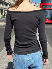 Hnewly New Lace Trim Black Long Sleeve T-shirt Woman Scoop Neck Cotton Slim Tee Shirt Autumn Vintage Streetwear Sweet Tshirt Y2k Tops