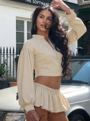 Hnewly Cutenew Casual Daily Women 2Piece Set Sporty Simple Full Sleeve Zip-up Loose Jackets+Draped Mini Skirts Female Coordinate Outfit