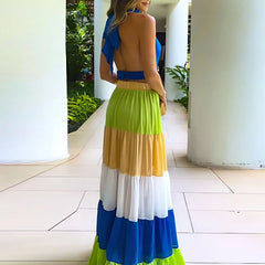 Hnewly Summer Chiffon Sleeveless Vacation Dress Color Blocked High Waist Pleated Beach Dress Women's Casual Backless Hollow Robe Dress