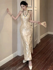 Hnewly Woman Dress Stand Collar Sleeveless Floral Split Sexy Hollow Out Vintage Summer Fashion Temperament Dresses Party