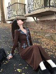 Hnewly Vintage Plaid Patchwork Midi Dress Autumn Korean Long Sleeve Lapel Casual Dress Y2K Elegant Hepburn Style Slim A Line Vestidos