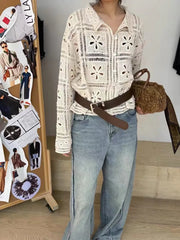 Hnewly Embellished Crochet Cardigan for Women Long Sleeves Button-up Polo Collar Openwork Knitted Jacket Boho Chic Vacation Outfit