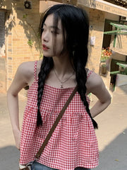 Hnewly Red Plaid Camisole Women Backless Hotsweet Bandage All-match Loose College Personality Chic Summer Korean Style Fashion Ulzzang