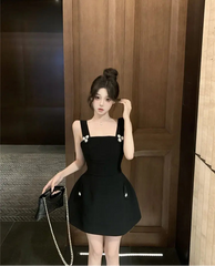 Hnewly Woman Dress Sleeveless Square Collar Slim Elegant Vintage Temperament Summer Fashion Mini Dresses Female Party Sexy