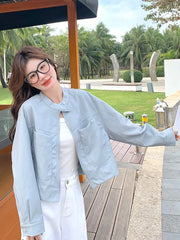 Hnewly Sweet Biker Pu Jacket Women Vintage Preppy Style Big Pockets Short Coat Casual Korean Long Sleeve Retro O Neck Cute Tops