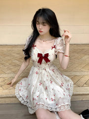 Hnewly DRESS TO IMPRESS Coquette Lace Trim Bowknot Mini Dress Women Sweetheart Puff Sleeves Ruffle Floral Princess Lolita OP Summer Clothes