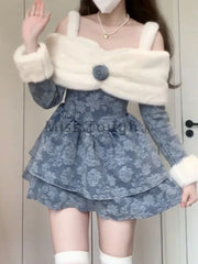 Hnewly DRESS TO IMPRESS Autumn Winter Sweet Denim Dress Women Print Patchwork Warm Party Mini Dress Female Korean Fashion Designer One Piece Dress