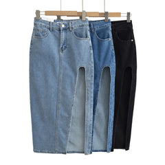 Hnewly Summer Midi Skirts Vintage Clothes Sexy Skirts For Women Blue Jeans Skirt High Waisted Denim Skirt Split Thigh Denim Skirt