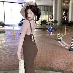 Hnewly DRESS TO IMPRESS Street Sexy Suspender Dress Women Autumn Winter Waist Tight Spice Girl Mermaid Skirt Bottom Long Sleeve T-Shirt 2 Piece Set