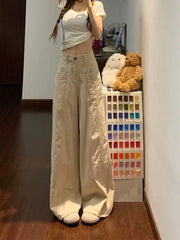 Hnewly Retro American Beige Denim Jeans for Women streetwear baggy High Waisted Flare 1950s/1960s Jeans Vintage Cargo Pants