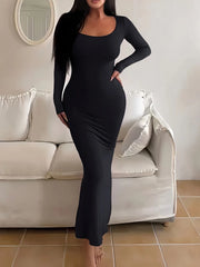 Hnewly Women's Solid Long Sleeve Bodycon Dress, Chic Basic Minimalist Causual Fashion Scoop Neck Long Dress, Womenswear