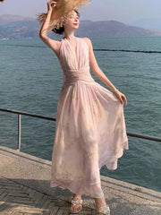 Hnewly Women's French Floral Print Halther Dresses Summer Elegant V-Neck Slim Lace-up Midi Dress Sexy Beach Holiday 2025 New Fashion