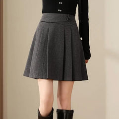 Hnewly Preppy Style Pleated Wool Skirt Women Elegant Grey Sweet Mini Skirts Vintage Solid A-line Casual Autumn Short Skirts